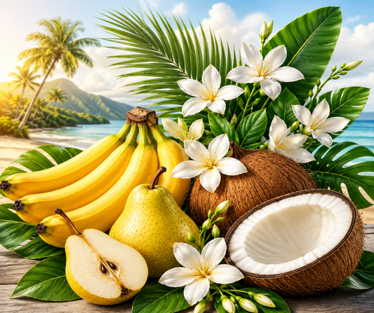 BANANA BAY - Inspired by Maui Sweet Banana - A tropical blend bursting with ripe banana and pear, and creamy essence of coconut. The center reveals jasmine flowers, while cozy sandalwood and vanilla creating a sense of comfort and relaxation. This scent captures the wild, alluring nature of Hawaii’s lush forests, transporting you to a sweet and cozy island getaway. Available in Perfume Oil, Body Spray, Body Oil & Lotion