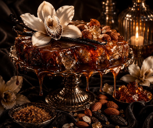 Caramelized brown sugar, burnt maple, toasted almond, vanilla orchid, black amber, smoky tonka bean, and soft musk create a rich, luxurious gourmand fragrance. Available in Perfume Oil, Body Spray, Body Oil & Lotion