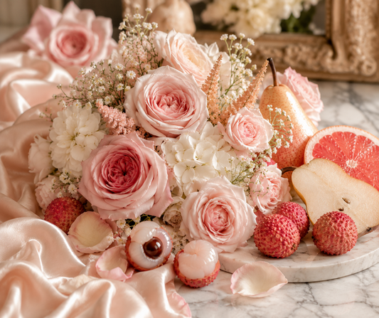 Rose & Lychee inspired by Parfums de Marly Delina Exclusif. Lychee, pear, rose, and vanilla create a bright, elegant fragrance. Available in Perfume Oil, Body Spray, Body Oil & Lotion.