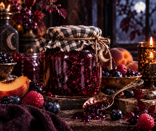 Haunted Jam Jar fragrance blends berry jam, raspberry syrup and peach marmalade with maple butter, vanilla and sweet cream for a rich fruity gourmand. Available in Perfume Oil, Body Spray, Body Oil & Lotion