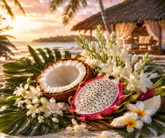 ISAND RETREAT - Inspired by Ouai St. Barts - Escape to paradise, A tropical combination of dragon fruit and island coconut, delicate orange blossom and tuberose, all wrapped in a sensual musk. Available in Perfume Oil, Body Spray, Body Oil & Lotion