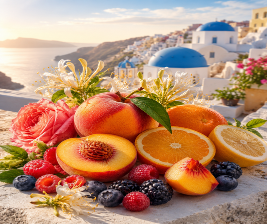 ISLAND TIME - Inspired by Ouai Santorini - Golden hours on a sun-bleached island where the sea meets the sky. Ripe peach and bright citrus drift across whitewashed streets, while honeysuckle and berries ride a warm Mediterranean breeze. Rose blooms like bougainvillea on stone walls. As evening falls, vanilla, amber, and musk glow warm, the way Santorini holds the day's warmth in the air. Available in Perfume Oil, Body Spray, Body Oil & Lotion. Dupe Type Clone