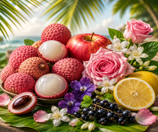 LYCHEE BLOSSOM - Inspired by Kayali Eden Sparkling Lychee - Lively top notes of juicy lychee, ripe black currant, fresh red apple, and zesty Italian lemon. As you continue, get lost in a floral oasis of delicate violet, romantic rose, and exotic jasmine sambac for a luxurious bouquet. Complete the experience with a decadent base of sweet sugar, rich vanilla absolute, alluring musk, warm amber, comforting sandalwood, and smooth cedar. Available in Perfume Oil, Body Spray, Body Oil & Lotion