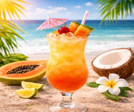 PAPAYA PARADISE - Inspired by Simone Andreoli Leisure in Paradise - Experience a burst of juicy papaya as the fragrance opens, instantly energizing and invigorating - like the first bite of a ripe fruit on a warm day. The fruity notes seamlessly transition into creamy, luscious coconut, evoking the refreshing sensation of sipping a coconut drink on a beach. As the fragrance develops, sweet vanilla adds an indulgent warmth, like a sunset stroll on the shore. Finally, Caribbean woods anchor the scent with an