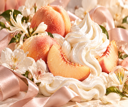 Honeysuckle, peach blossom and magnolia melt into juicy peach, whipped cream, marshmallow, vanilla, white musk and creamy sandalwood. Available in Perfume Oil, Body Spray, Body Oil & Lotion