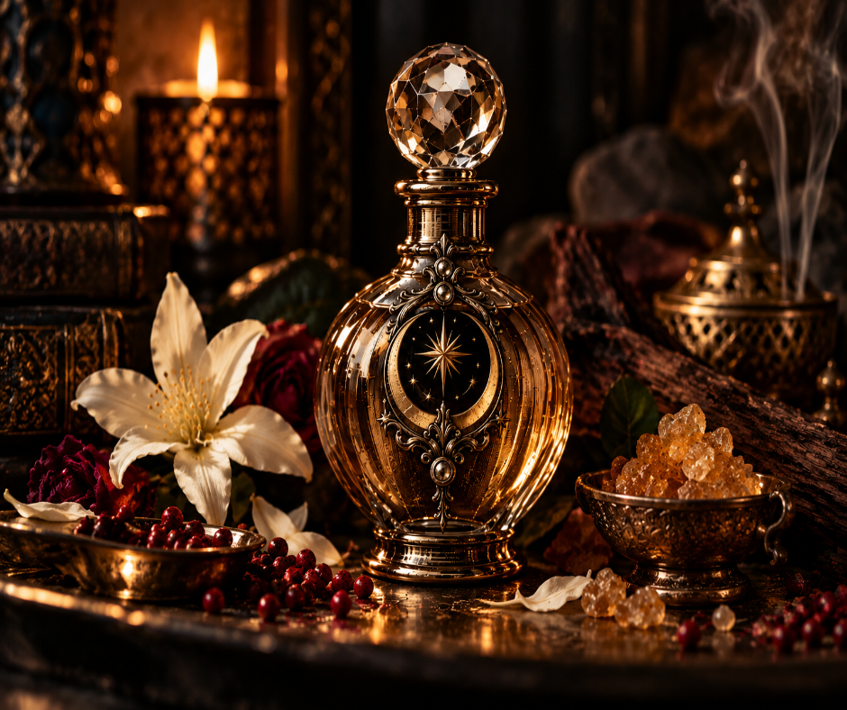 Bright bergamot and pink pepper mingle with incense, rose, jasmine, cedarwood, benzoin and warm vanilla for a rich, mysterious fragrance.   Available in Perfume Oil, Body Spray, Body Oil & Lotion