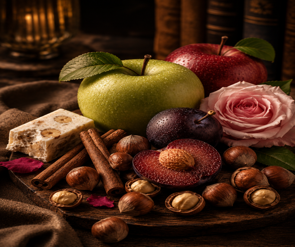 BEYOND GOURMAND - Inspired by Mind Games Check Please - Crisp green apple meets nougat and toasted hazelnut, complete with a sweet, nutty note. Then things get serious, with cinnamon, plum, and bulgarian rose,  adding sophisticated warmth. The finale of oak, sandalwood, amber, and bourbon vanilla that lingers like a well-kept secret, smooth and impossibly rich.  Available in Perfume Oil, Body Spray, Body Oil & Lotion. Dupe Type Clone
