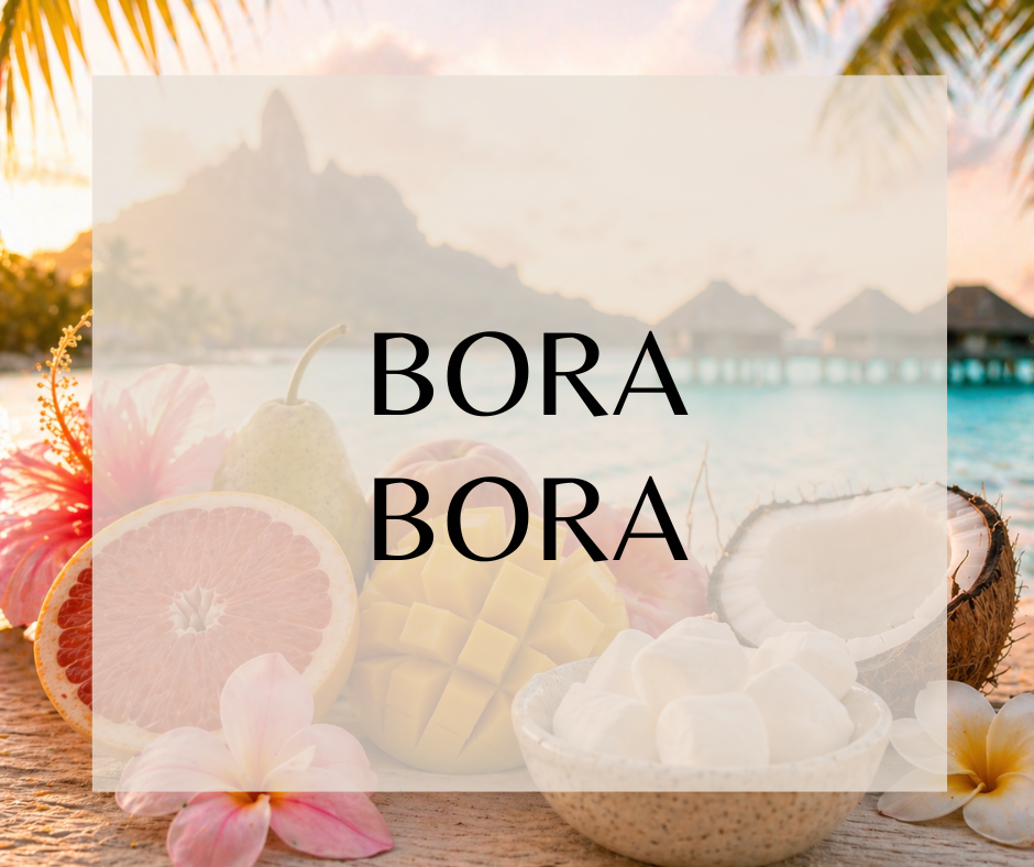 BORA BORA - A bright, breezy vanilla fragrance that captures island paradise in a bottle. Sparkling citrus and fresh ozone open the scent, melting into juicy mango, pear, and peach with tropical floral hints. Creamy coconut, brown sugar, marshmallow cream and vanilla bean round out the base, creating a sweet, indulgent, and effortlessly dreamy escape that lingers like sun-soaked warmth. Available in Perfume Oil, Body Spray, Body Oil & Lotion