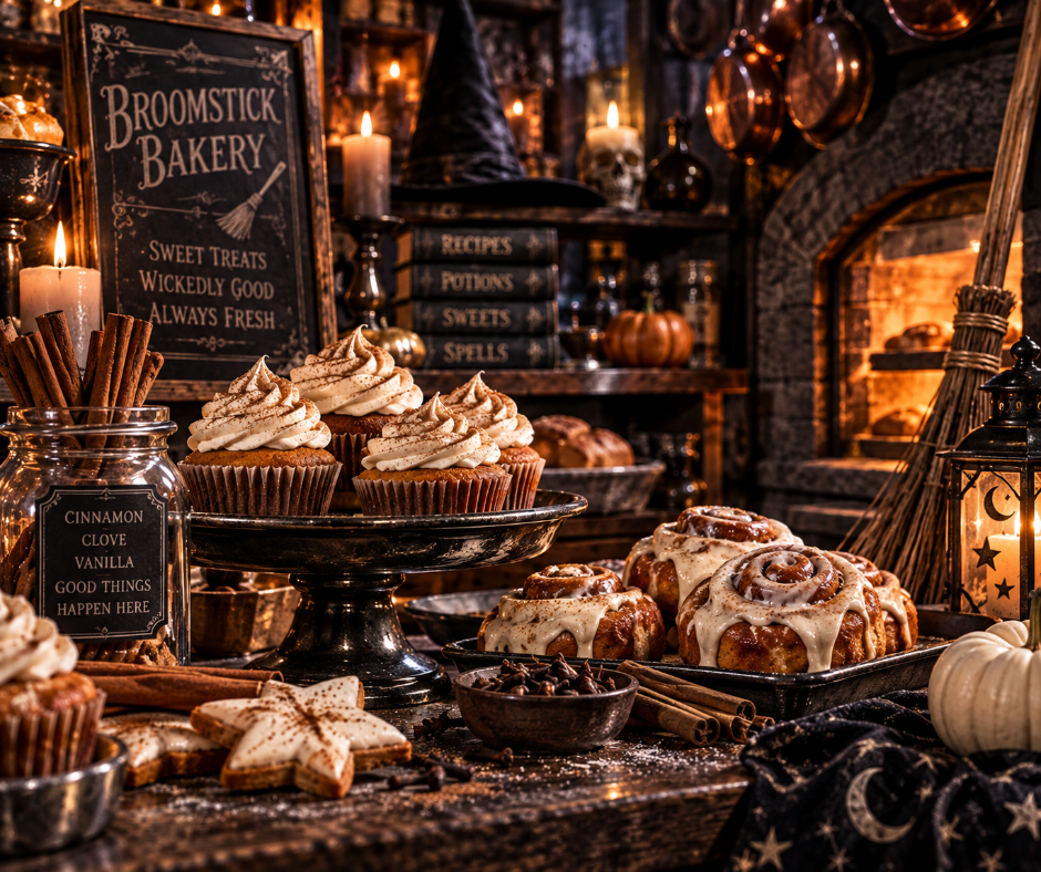 Broomstick Bakery fragrance blends warm cinnamon and clove with creamy buttercream and rich vanilla for a cozy, sweet and decadently spiced gourmand.  Available in Perfume Oil, Body Spray, Body Oil & Lotion