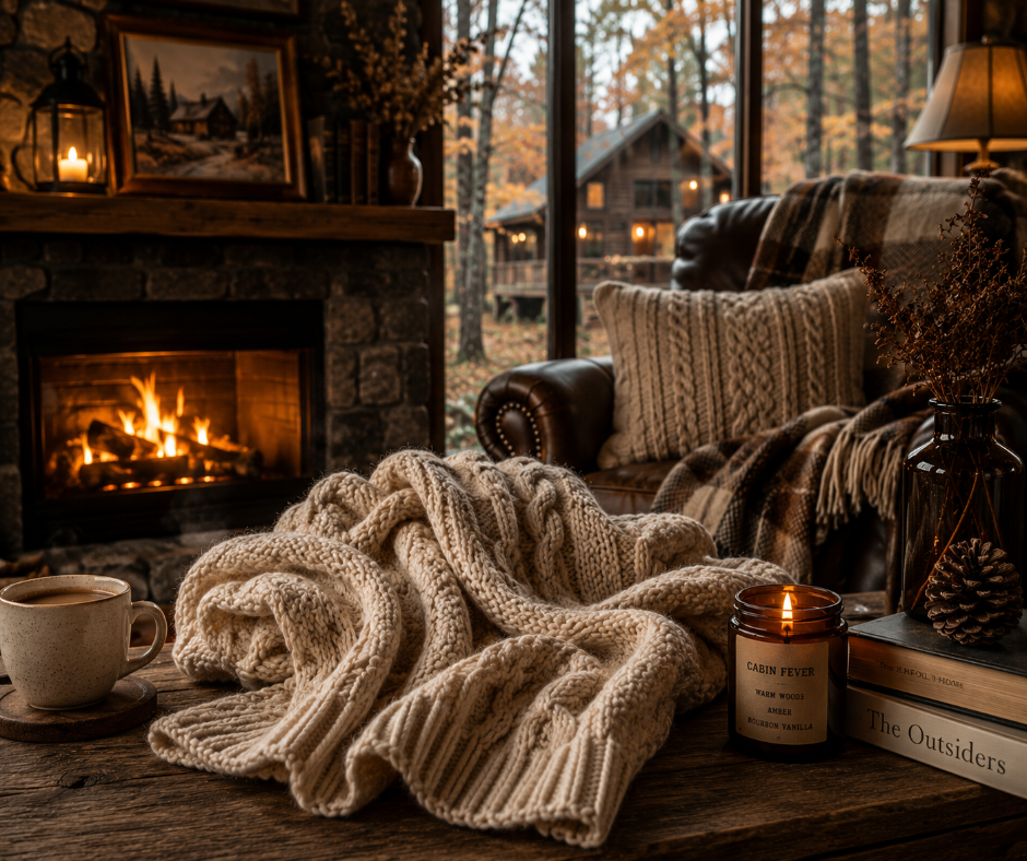 Cabin Fever blends warm amber, woody vetiver, and rich bourbon vanilla into a smooth, cozy fragrance inspired by a quiet cabin retreat. Available in Perfume Oil, Body Spray, Body Oil & Lotion
