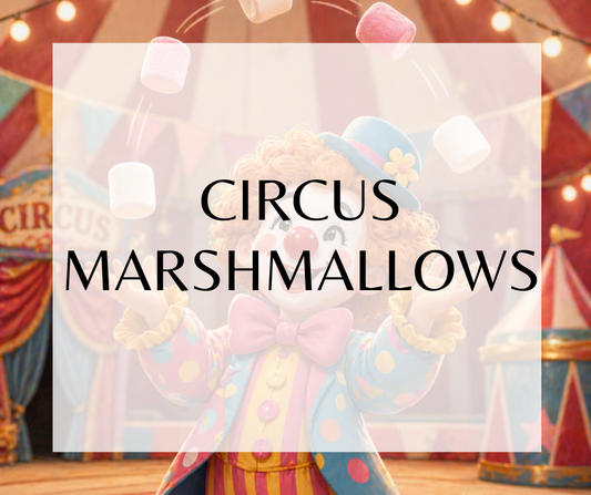 CIRCUS MARSHMALLOWS - A fusion of Three Ring Circus (Inspired by L'eau de Parfum), fresh vanilla &amp; marshmallow cream. A playful scent that begins with sugary cotton candy, tart red apple, and effervescent bergamot to transport you to a lively circus. As it settles, indulge in a cozy fusion of buttery popcorn, delicate freesia, and airy iris petals, forming a mouth-watering bouquet. Finally, surrender to the creamy caramel, vanilla cream, velvety vanilla bean, marshmallow cream, warm amber, and silky san