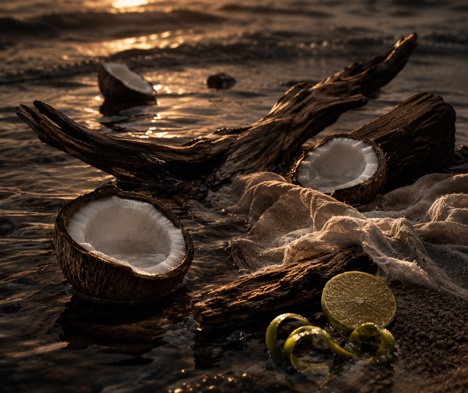 Warm mahogany, creamy coconut, sandalwood, vanilla, musk, and bright citrus create a smooth, modern unisex fragrance inspired by the shoreline at sunset. Available in Perfume Oil, Body Spray, Body Oil & Lotion