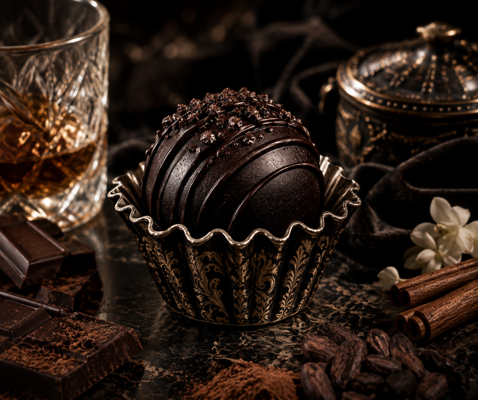 Spiced rum, caramel apple, and mate melt into orris, jasmine, incense, and cinnamon before settling into dark cocoa, chocolate oud, cashmere wood, and sandalwood. Dark, smooth, warm, and unapologetically luxe. Available in Perfume Oil, Body Spray, Body Oil & Lotion