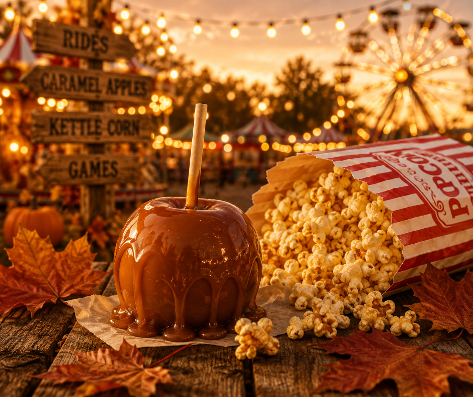 HARVEST FAIR - Step beneath glowing lights and wander the fairgrounds where crisp autumn air is filled with the irresistible aroma of caramel-dipped apples, warm kettle corn, and golden leaves. Available in Perfume Oil, Body Spray, Body Oil & Lotion