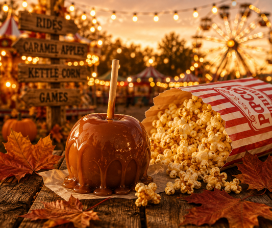 HARVEST FAIR - Step beneath glowing lights and wander the fairgrounds where crisp autumn air is filled with the irresistible aroma of caramel-dipped apples, warm kettle corn, and golden leaves. Available in Perfume Oil, Body Spray, Body Oil & Lotion