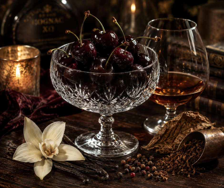 Ripe cherry and smooth cognac meet pepper, creamy vanilla, and smoky tobacco in Cherry Nocturne, a warm, sophisticated fragrance with a dark and mysterious finish. Available in Perfume Oil, Body Spray, Body Oil & Lotion