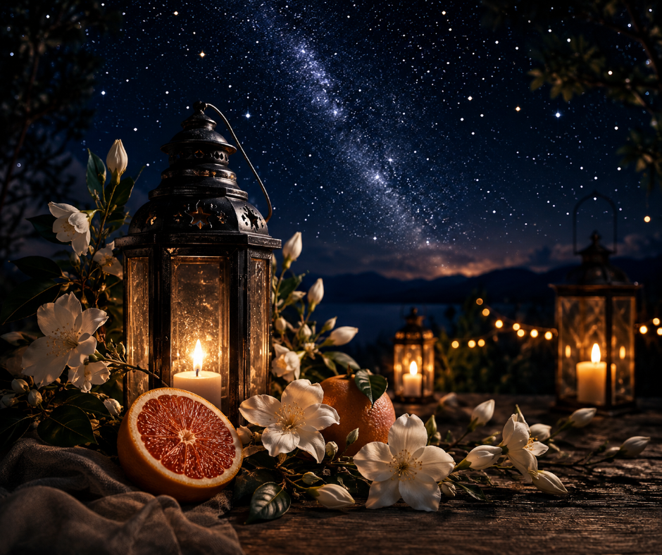 Night Sky blends jasmine sambac, crimson orange, bergamot, golden amber, vanilla, tonka, and soft musk into a warm, luminous fragrance inspired by a peaceful autumn evening beneath the stars Available in Perfume Oil, Body Spray, Body Oil & Lotion