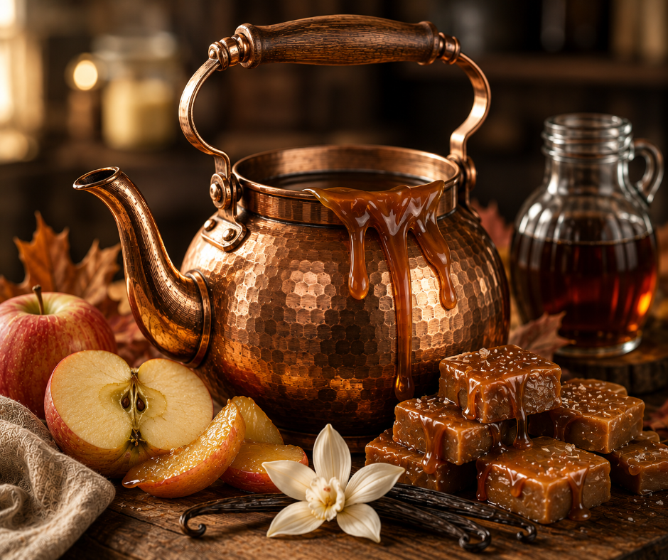 Toffee Shop  blends maple syrup, poached apples, toasted toffee, vanilla bourbon, tonka bean, sweet cream, and sugared musk into a rich, buttery autumn fragrance. Available in Perfume Oil, Body Spray, Body Oil & Lotion