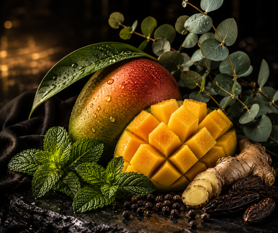 Midnight Tango blends juicy mango, spearmint, eucalyptus, black pepper, ginger, amber, and tonka bean into a bold, cool-spiced fragrance made for after dark. Available in Perfume Oil, Body Spray, Body Oil & Lotion