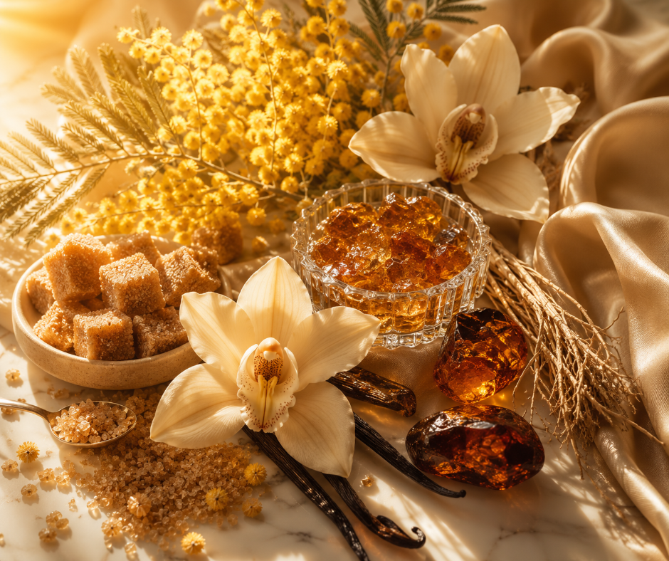 Creamy vanilla, sunny mimosa, brown sugar, golden amber, soft musk, and earthy vetiver create a warm, cozy fragrance inspired by summer's final golden days. Available in Perfume Oil, Body Spray, Body Oil & Lotion