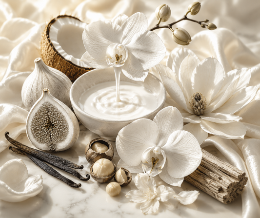 Creamy fig milk, coconut cream, vanilla orchid, magnolia, macadamia milk, and sandalwood create a soft, luminous floral with a velvety, skin-like finish. Available in Perfume Oil, Body Spray, Body Oil & Lotion