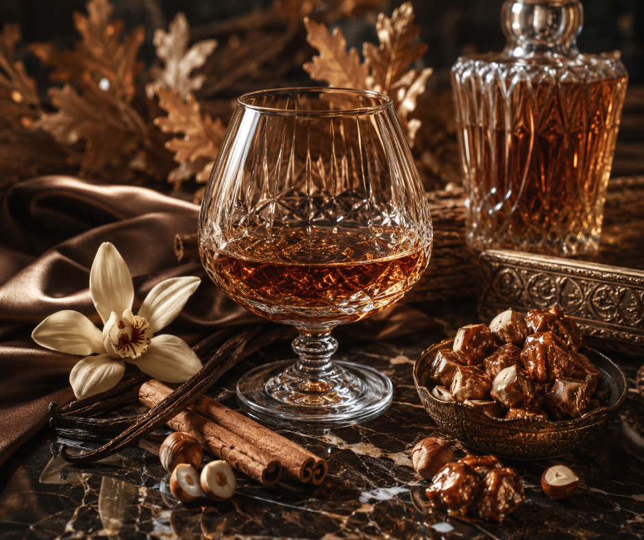 Cognac & Spiced Pralines inspired by Kilian Angels' Share. Cognac, cinnamon, praline, and vanilla create a warm, indulgent fragrance. Available in Perfume Oil, Body Spray, Body Oil & Lotion.