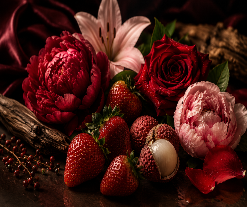 SCARLET MUSE - Inspired by Balmain Destin - A luxurious blend of strawberry, peony, lychee, sandalwood, patchouli, and soft musk. Available in Perfume Oil, Body Spray, Body Oil, and Lotion.