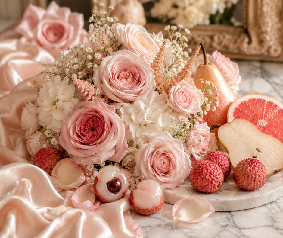 Rose & Lychee inspired by Parfums de Marly Delina Exclusif. Lychee, pear, rose, and vanilla create a bright, elegant fragrance. Available in Perfume Oil, Body Spray, Body Oil & Lotion.