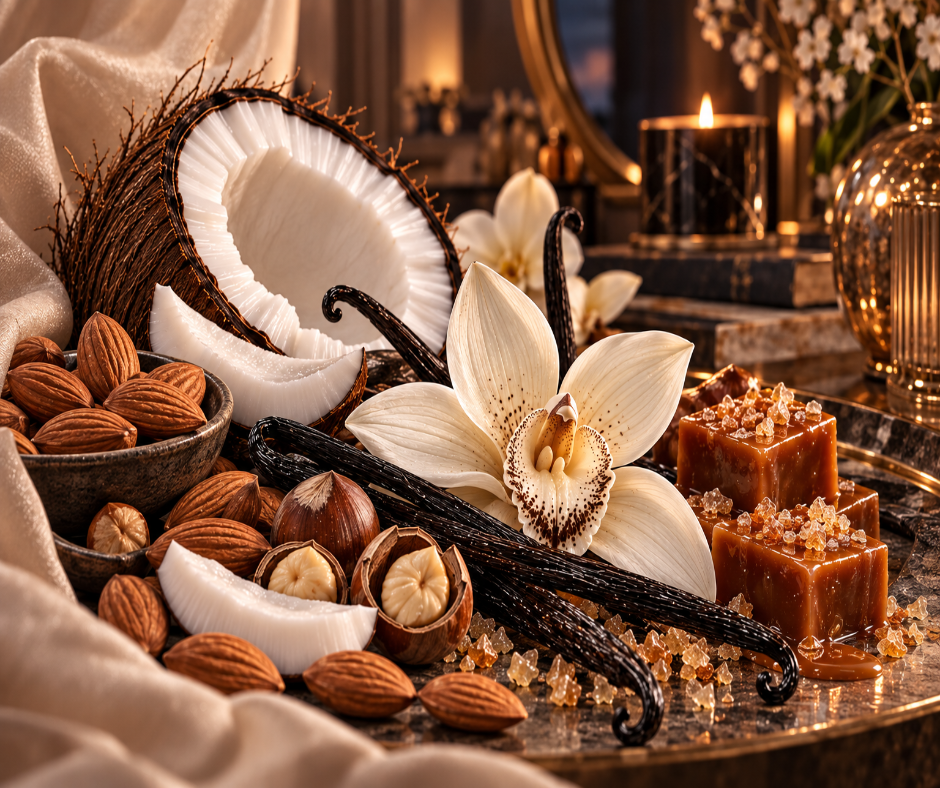 Smoked vanilla, toasted almond and hazelnut, coconut cream, burnt caramel, tonka, cashmere musk and amber create a rich, toasted gourmand.   Available in Perfume Oil, Body Spray, Body Oil & Lotion