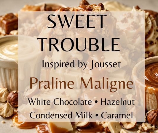 Sweet Trouble - A rich gourmand blend of white chocolate, hazelnut praline, condensed milk, caramel, vanilla, and sparkling sugar.  Available in Perfume Oil, Body Spray, Body Oil, and Lotion.