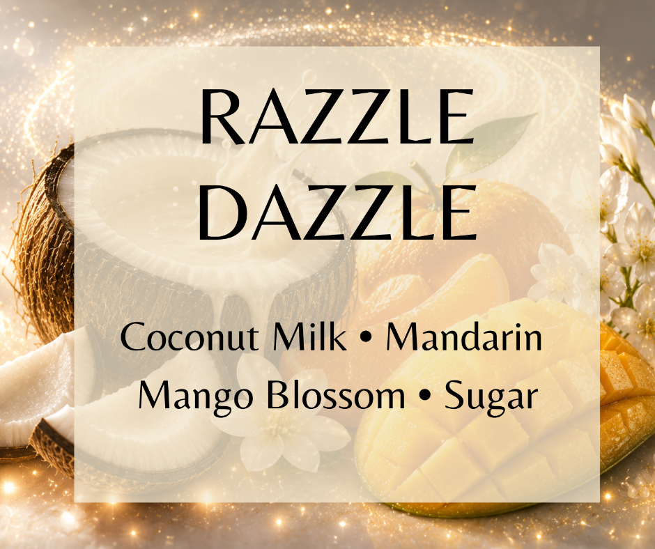 Razzle Dazzle - A whimsical blend of coconut milk, sweet mandarin, mango blossom, sugar crystals, vanilla, sandalwood, and Peru balsam. Available in Perfume Oil, Body Spray, Body Oil, and Lotion.