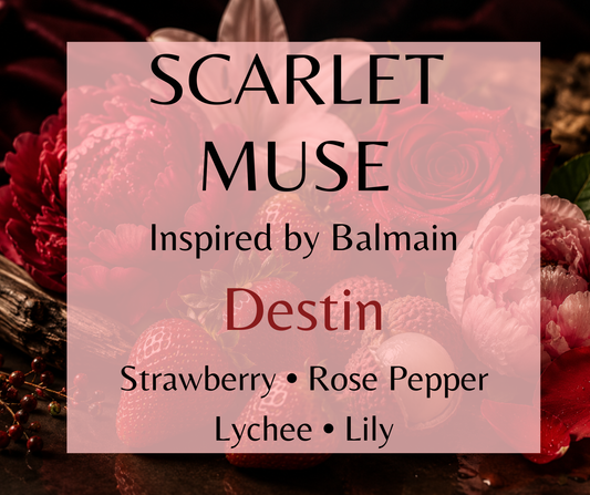 SCARLET MUSE - Inspired by Balmain Destin - A luxurious blend of strawberry, peony, lychee, sandalwood, patchouli, and soft musk. Available in Perfume Oil, Body Spray, Body Oil, and Lotion.