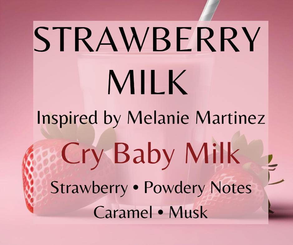 STRAWBERRY MILK - Inspired by Melanie Martinez Cry Baby - A creamy symphony of fresh milk and ripe strawberries, accented with sweet forest fruits, powdery notes, and warm caramel and woody undertones. This scrumptious scent will fulfill all your creamy cravings.   Available in Perfume Oil, Body Spray, Body Oil & Lotion