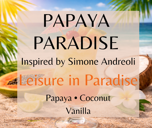 Papaya Paradise inspired by Simone Andreoli Leisure in Paradise. Juicy papaya, coconut, and vanilla create a bright tropical fragrance. Available in Perfume Oil, Body Spray, Body Oil & Lotion.