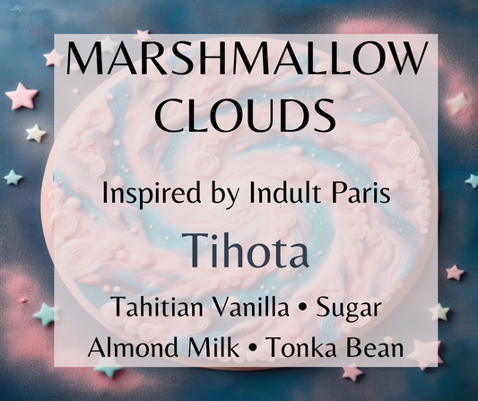 Marshmallow Clouds inspired by Indult Tihota. Tahitian vanilla, cane sugar, almond milk, and tonka bean create a soft gourmand fragrance. Available in Perfume Oil, Body Spray, Body Oil & Lotion.   Available in Perfume Oil, Body Spray, Body Oil & Lotion