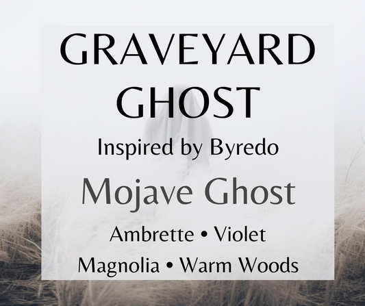 Graveyard Ghost inspired by Byredo Mojave Ghost. Ambrette, violet, magnolia, and warm woods create a soft, mysterious fragrance. Available in Perfume Oil, Body Spray, Body Oil & Lotion.