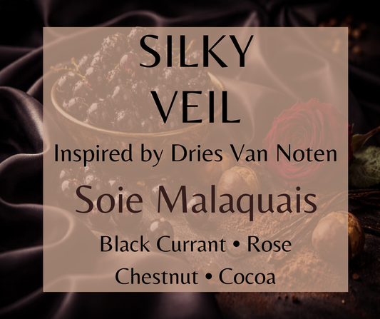 Silky Veil inspired by Dries Van Noten Soie Malaquais. Black currant, rose, chestnut, cocoa, and vanilla create a luxurious gourmand-floral fragrance. Available in Perfume Oil, Body Spray, Body Oil & Lotion.