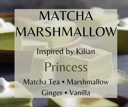 Matcha Marshmallow inspired by Kilian Princess. Matcha tea, marshmallow, vanilla, and ginger create a sweet, cozy fragrance. Available in Perfume Oil, Body Spray, Body Oil & Lotion.