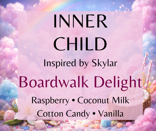 Inner Child inspired by Skylar Boardwalk Delight. Raspberry, coconut milk, cotton candy, vanilla, and amber create a playful, nostalgic fragrance. Available in Perfume Oil, Body Spray, Body Oil & Lotion.