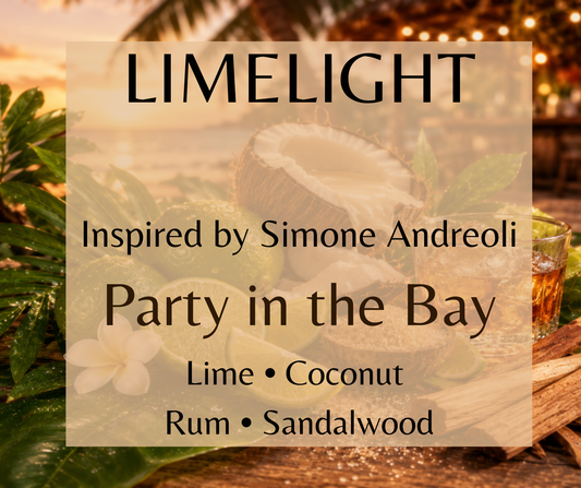 Limelight inspired by Simone Andreoli Malibu. Tangy lime, creamy coconut, rum, and sandalwood create a vibrant tropical fragrance. Available in Perfume Oil, Body Spray, Body Oil & Lotion.