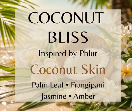 Coconut Bliss inspired by Phlur Coconut Skin. Ripe coconut, frangipani, and salted amber create a warm, tropical fragrance. Available in Perfume Oil, Body Spray, Body Oil & Lotion.