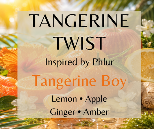 Tangerine Twist inspired by Phlur Tangerine Boy. Tangerine, lemon, and apple blend with amber and moss for a bright, vibrant fragrance. Available in Perfume Oil, Body Spray, Body Oil & Lotion.