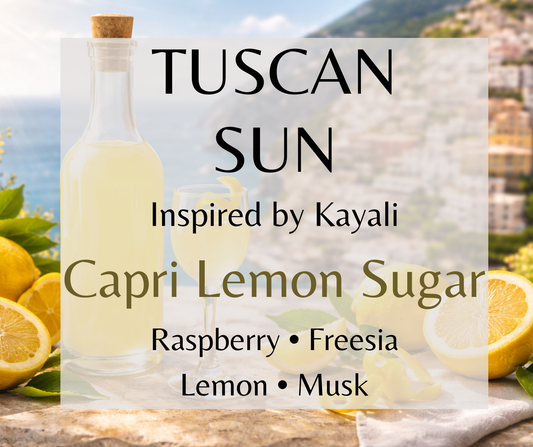 Tuscan Sun inspired by Kayali Capri in a Bottle Lemon Sugar. Lemon, sugar, raspberry, and vanilla create a bright summer fragrance. Available in Perfume Oil, Body Spray, Body Oil & Lotion.