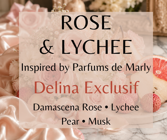 Rose & Lychee inspired by Parfums de Marly Delina Exclusif. Lychee, pear, rose, and vanilla create a bright, elegant fragrance. Available in Perfume Oil, Body Spray, Body Oil & Lotion.