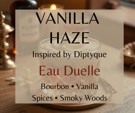 Vanilla Haze inspired by Diptyque Eau Duelle. Bourbon vanilla, warm spices, and smoky woods create a sophisticated fragrance. Available in Perfume Oil, Body Spray, Body Oil & Lotion.