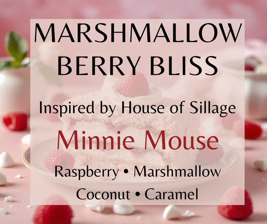 Marshmallow Berry Bliss inspired by House of Sillage Minnie Mouse. Marshmallow, raspberry, caramel, coconut, and vanilla create a sweet gourmand fragrance. Available in Perfume Oil, Body Spray, Body Oil & Lotion.