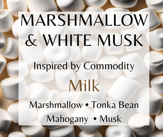 Marshmallow & White Musk inspired by Commodity Milk. Cold milk, marshmallow, tonka bean, and white musk create a creamy, comforting fragrance. Available in Perfume Oil, Body Spray, Body Oil & Lotion.