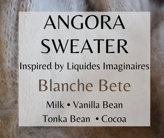 Angora Sweater inspired by Blanche Bête. Creamy milk, vanilla bean, tonka bean, and musk create a soft, comforting fragrance. Available in Perfume Oil, Body Spray, Body Oil & Lotion.