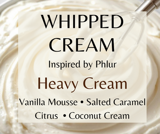 Whipped Cream inspired by Phlur Heavy Cream. Whipped cream, marshmallow, vanilla mousse, and salted caramel create a rich gourmand fragrance. Available in Perfume Oil, Body Spray, Body Oil & Lotion.