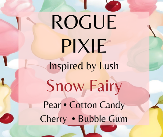 Rogue Pixie inspired by Lush Snow Fairy. Pear, cotton candy, vanilla, and cherry create a sweet, playful fragrance. Available in Perfume Oil, Body Spray, Body Oil & Lotion.